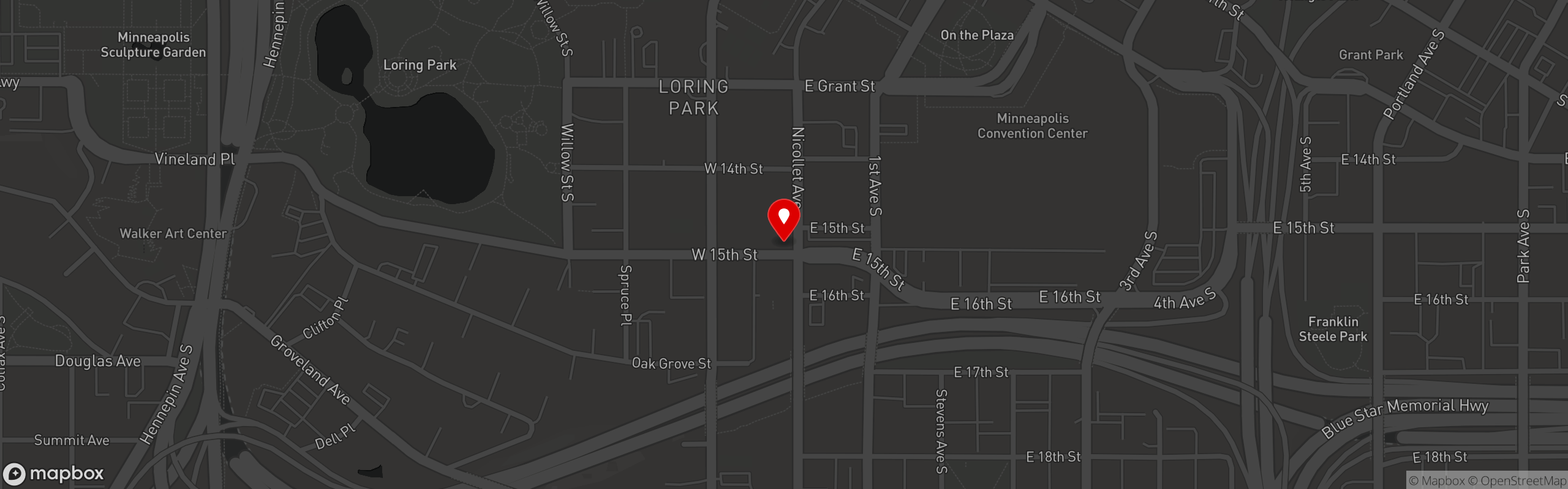 Street map pinning Mother Clucker's Pizza in Mother Clucker's Pizza
