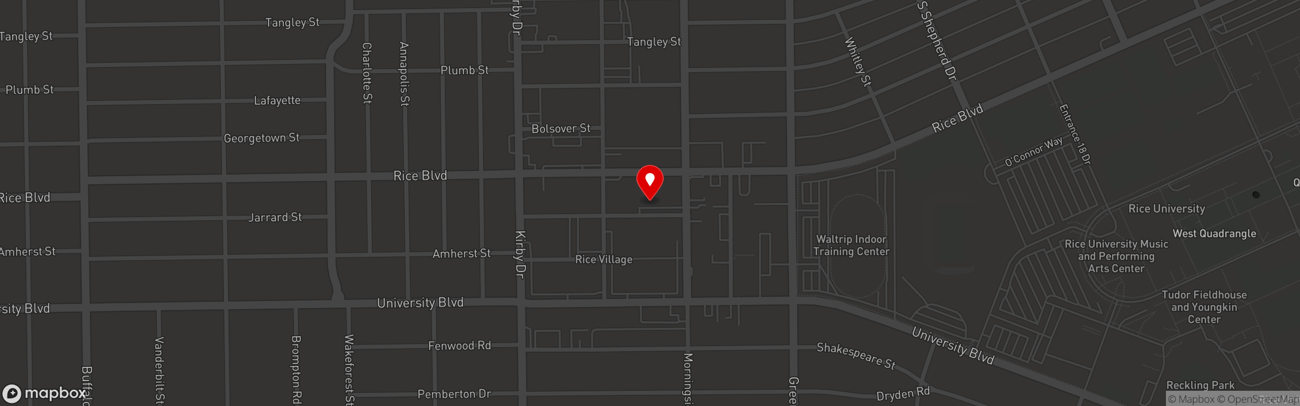 Street map pinning Café Rabelais in Rice Village, Houston, TX