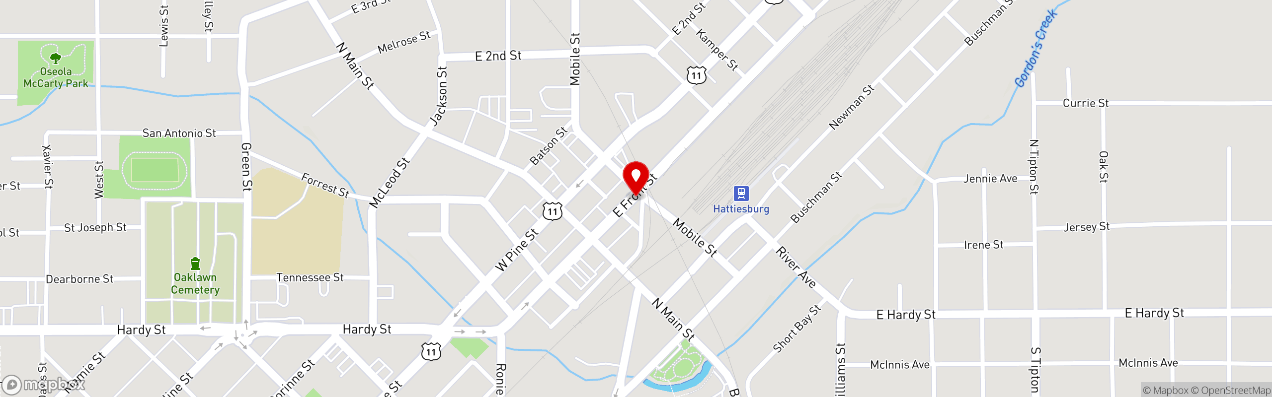 Street map pinning Southbound Bagel and Coffee in Hattiesburg