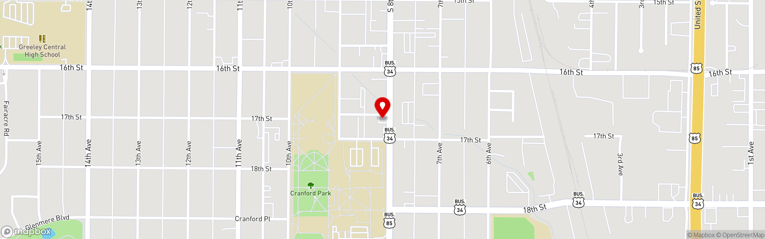 Street map pinning Bravo's Philly's & Pizza in Greeley, CO