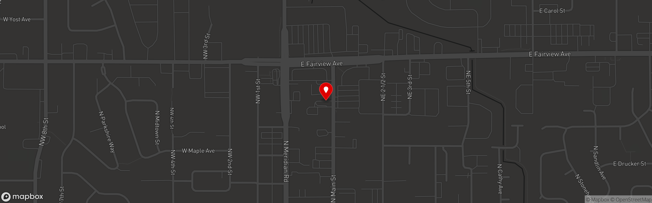 Street map pinning Kahootz Steak & Alehouse in Meridian