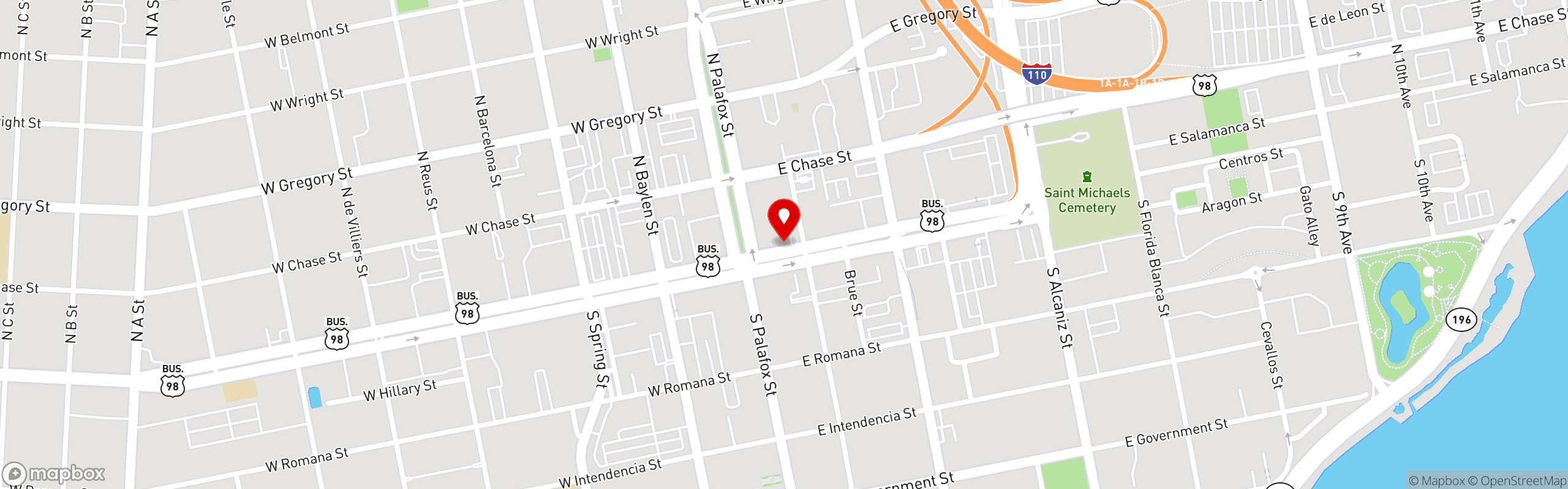 Street map pinning Papa's Pizza in Downtown Pensacola