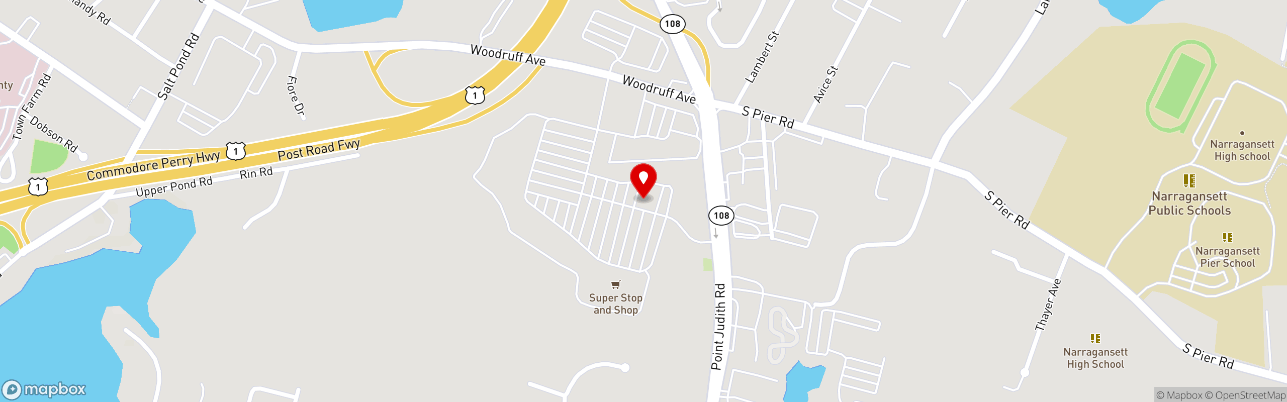 Street map pinning T's Restaurant in Narragansett