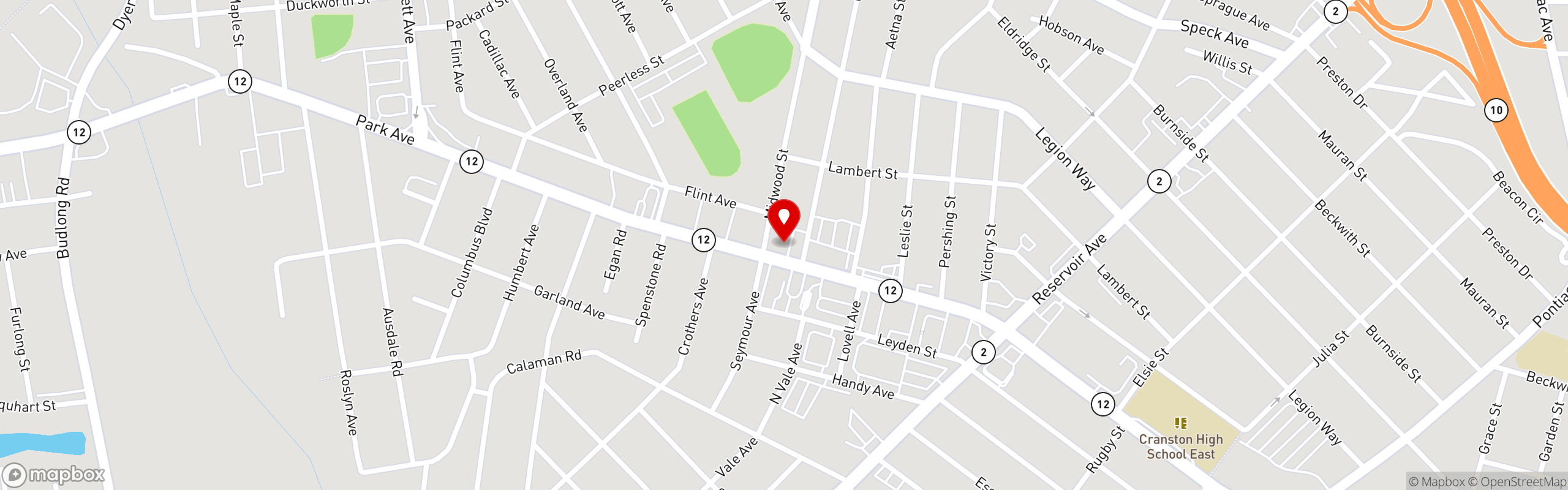 Street map pinning T's Restaurant in Cranston