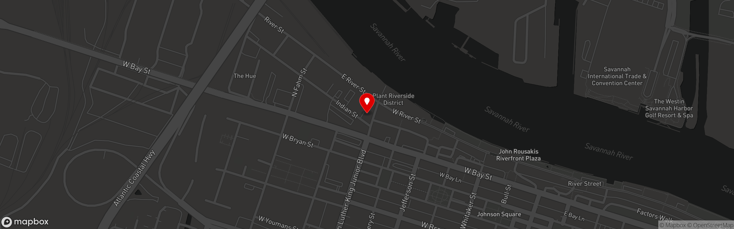 Street map pinning Poe's Tavern in Savannah, GA
