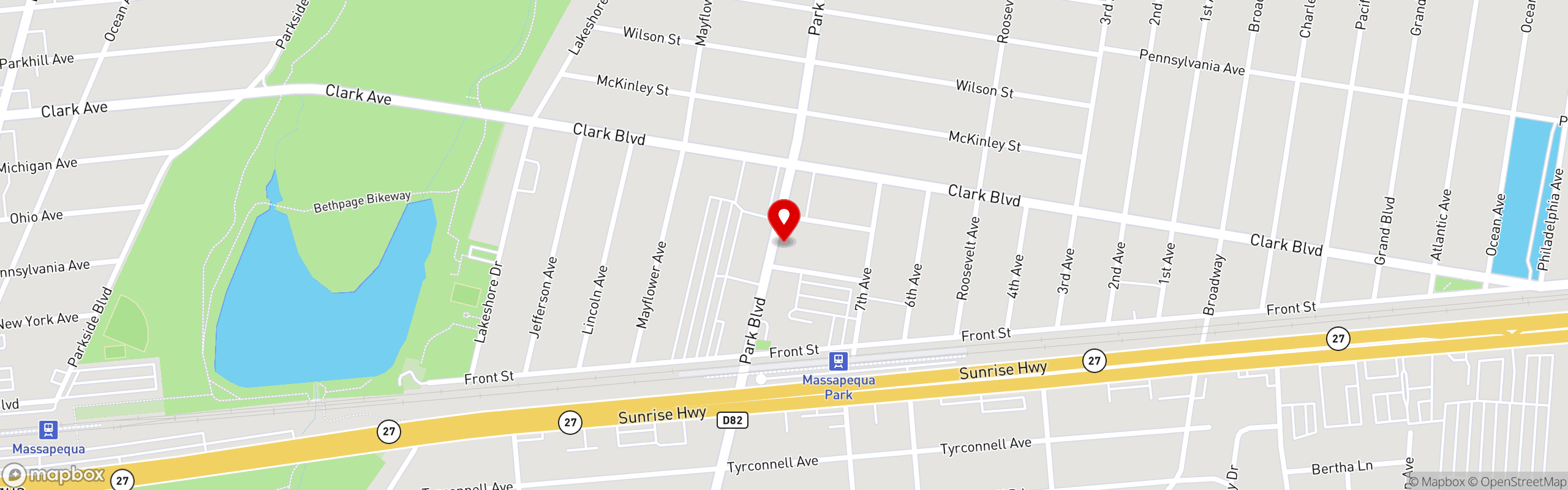 Street map pinning Dark Horse Tavern in Massapequa