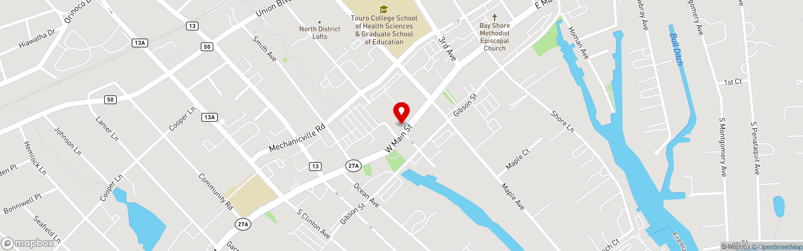 Street map pinning Dark Horse Tavern in Bay Shore