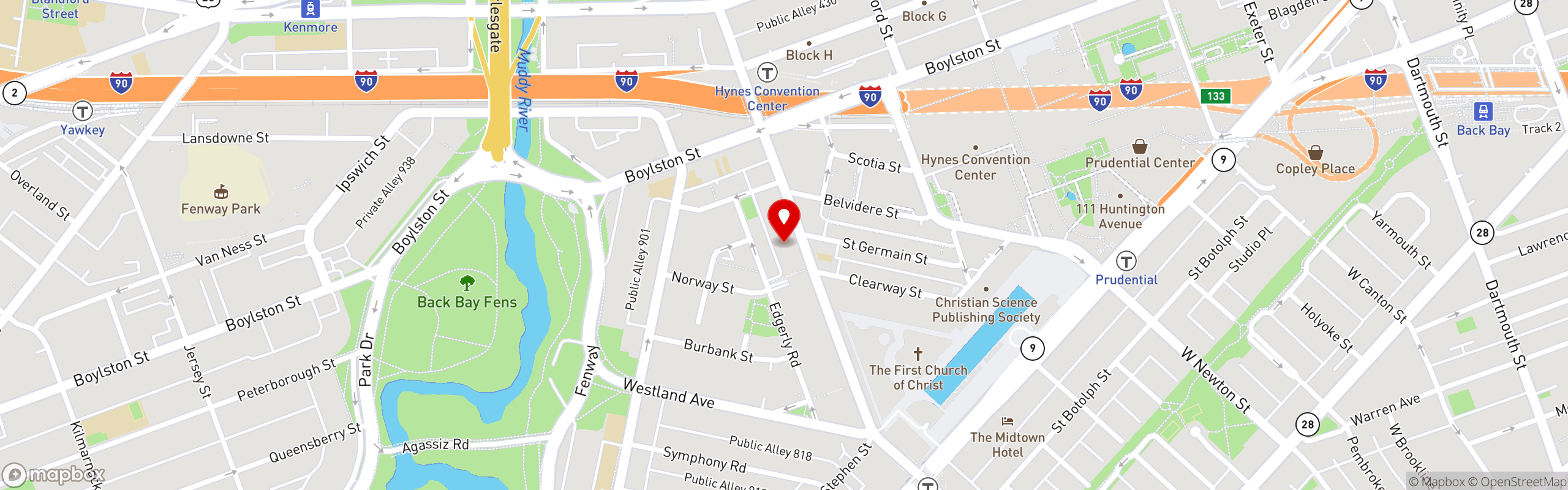 Street map pinning Supreme Pizza in Back Bay