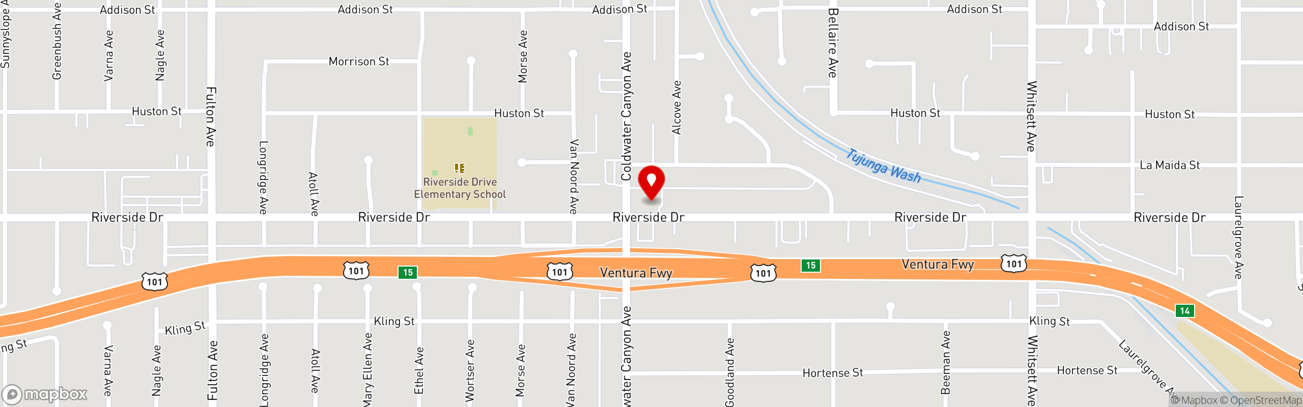 Street map pinning Hugo's Restaurant in Studio City