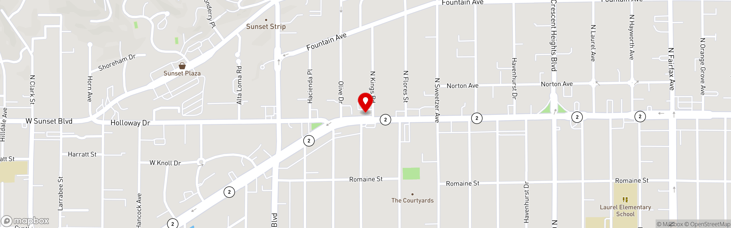 Street map pinning Hugo's Restaurant in West Hollywood